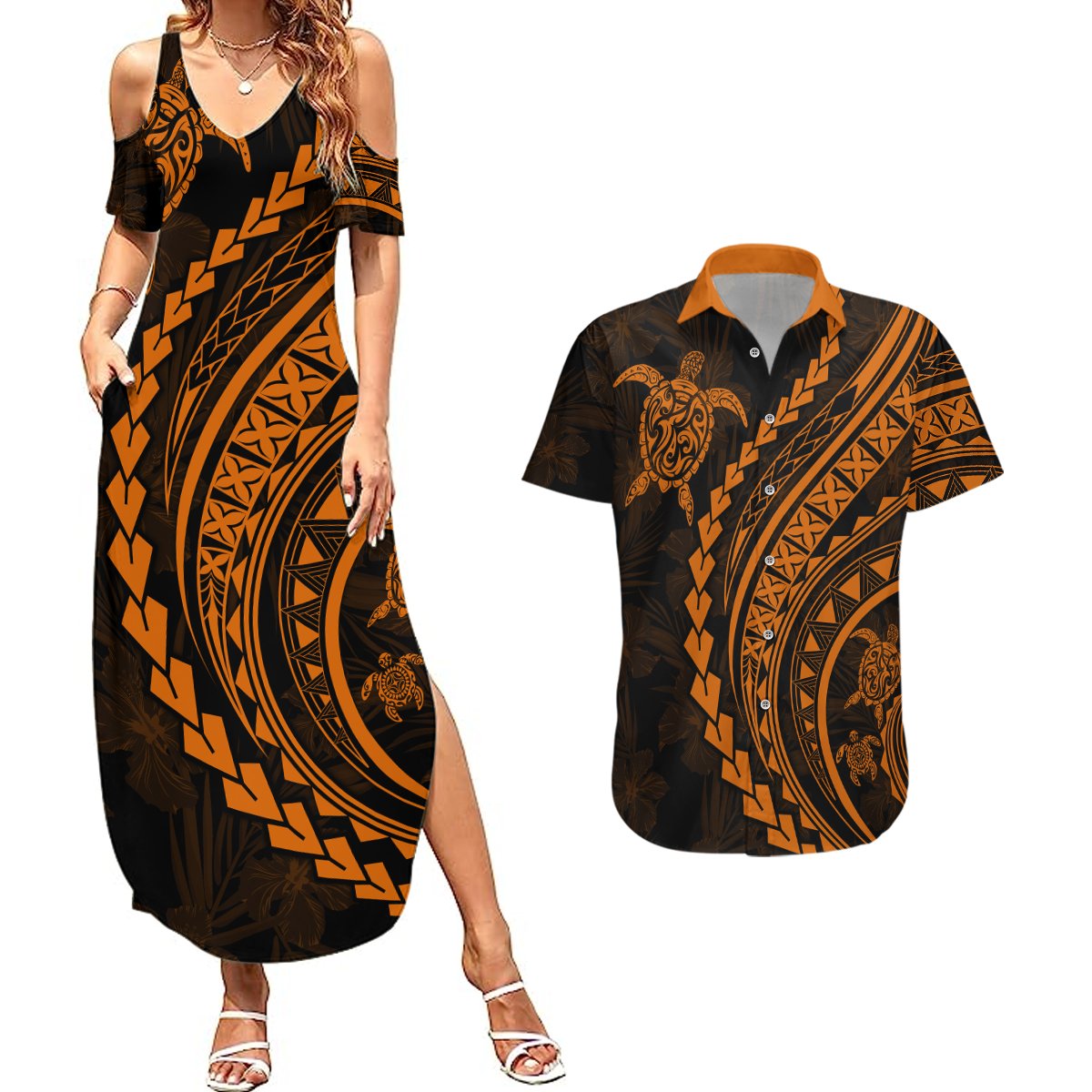 Polynesian Pride Couples Matching Summer Maxi Dress and Hawaiian Shirt Turtle Hibiscus Luxury Style - Orange LT7 Orange - Polynesian Pride