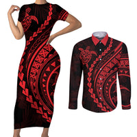 Polynesian Pride Couples Matching Short Sleeve Bodycon Dress and Long Sleeve Button Shirts Turtle Hibiscus Luxury Style - Rose LT7 Rose - Polynesian Pride