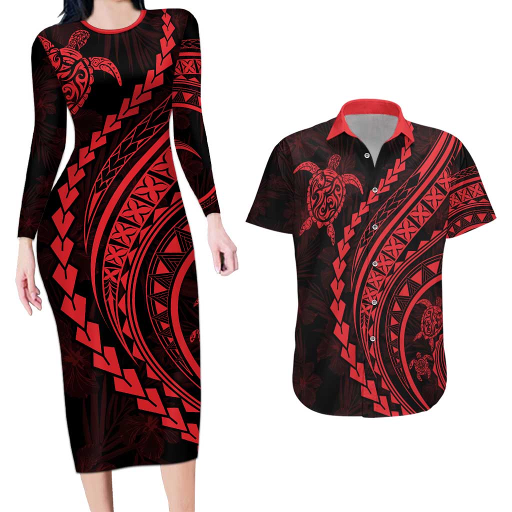 Polynesian Pride Couples Matching Long Sleeve Bodycon Dress and Hawaiian Shirt Turtle Hibiscus Luxury Style - Rose LT7 Rose - Polynesian Pride