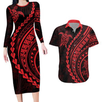 Polynesian Pride Couples Matching Long Sleeve Bodycon Dress and Hawaiian Shirt Turtle Hibiscus Luxury Style - Rose LT7 Rose - Polynesian Pride