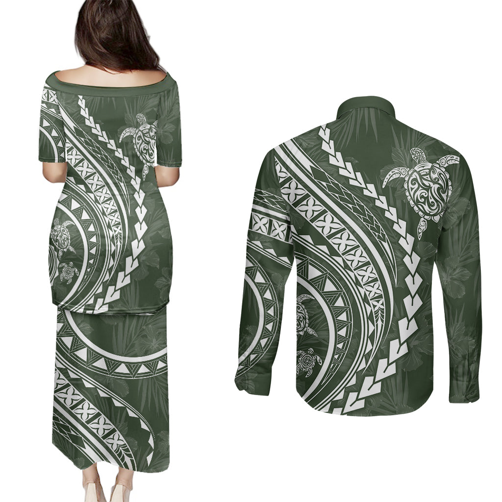 Polynesian Pride Couples Matching Puletasi Dress and Long Sleeve Button Shirts Turtle Hibiscus Luxury Style - Sage LT7 - Polynesian Pride