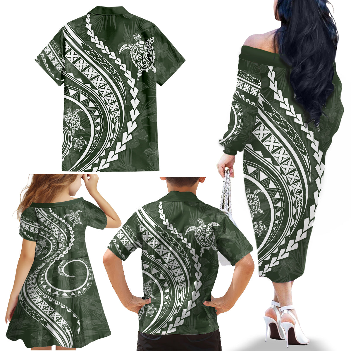 Hawaii Family Matching Outfits Polynesian Pride Off Shoulder Long Sleeve Dress And Shirt Family Set Clothes Turtle Hibiscus Luxury Style - Sage LT7 - Polynesian Pride