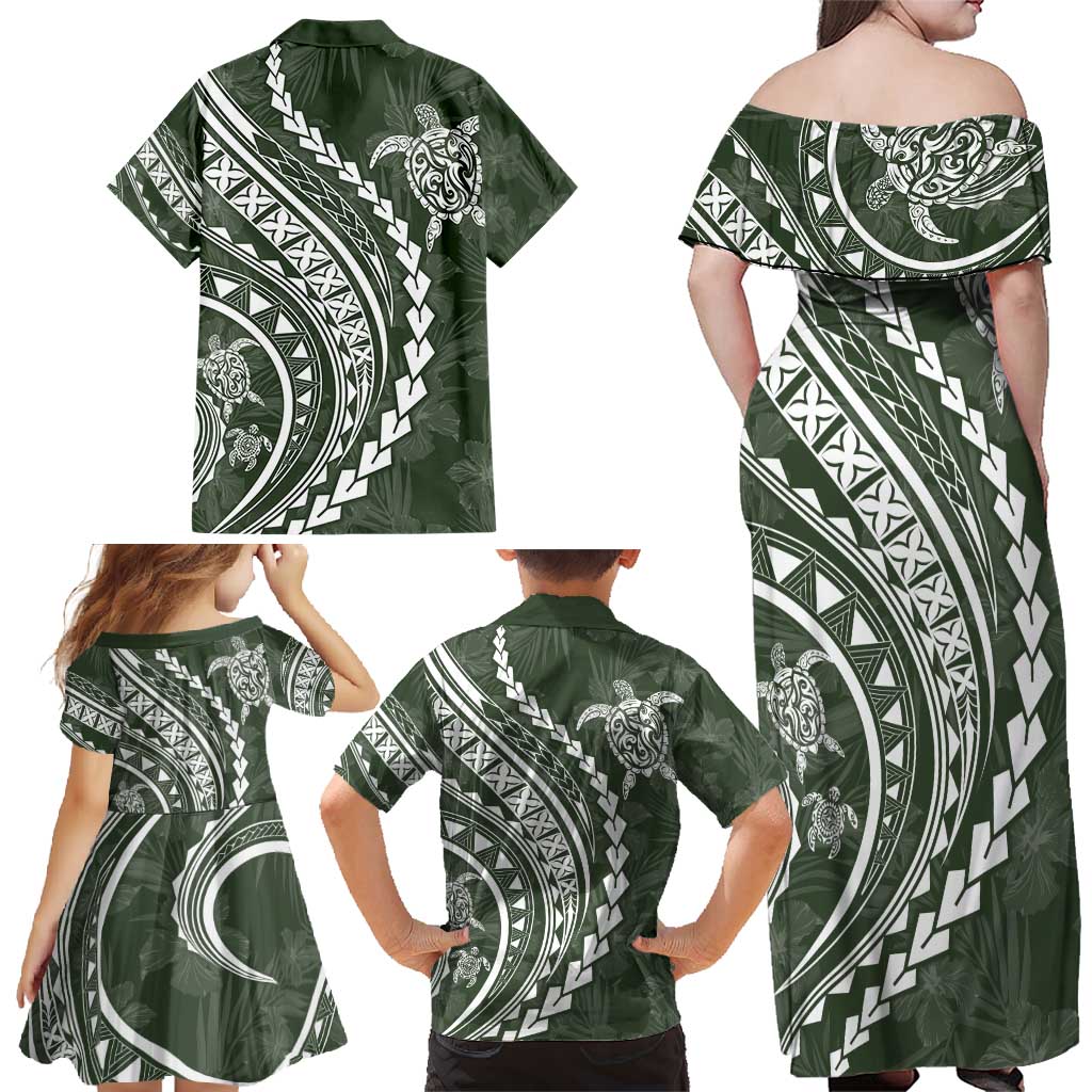 Hawaii Family Matching Outfits Polynesian Pride Off Shoulder Maxi Dress And Shirt Family Set Clothes Turtle Hibiscus Luxury Style - Sage LT7 - Polynesian Pride