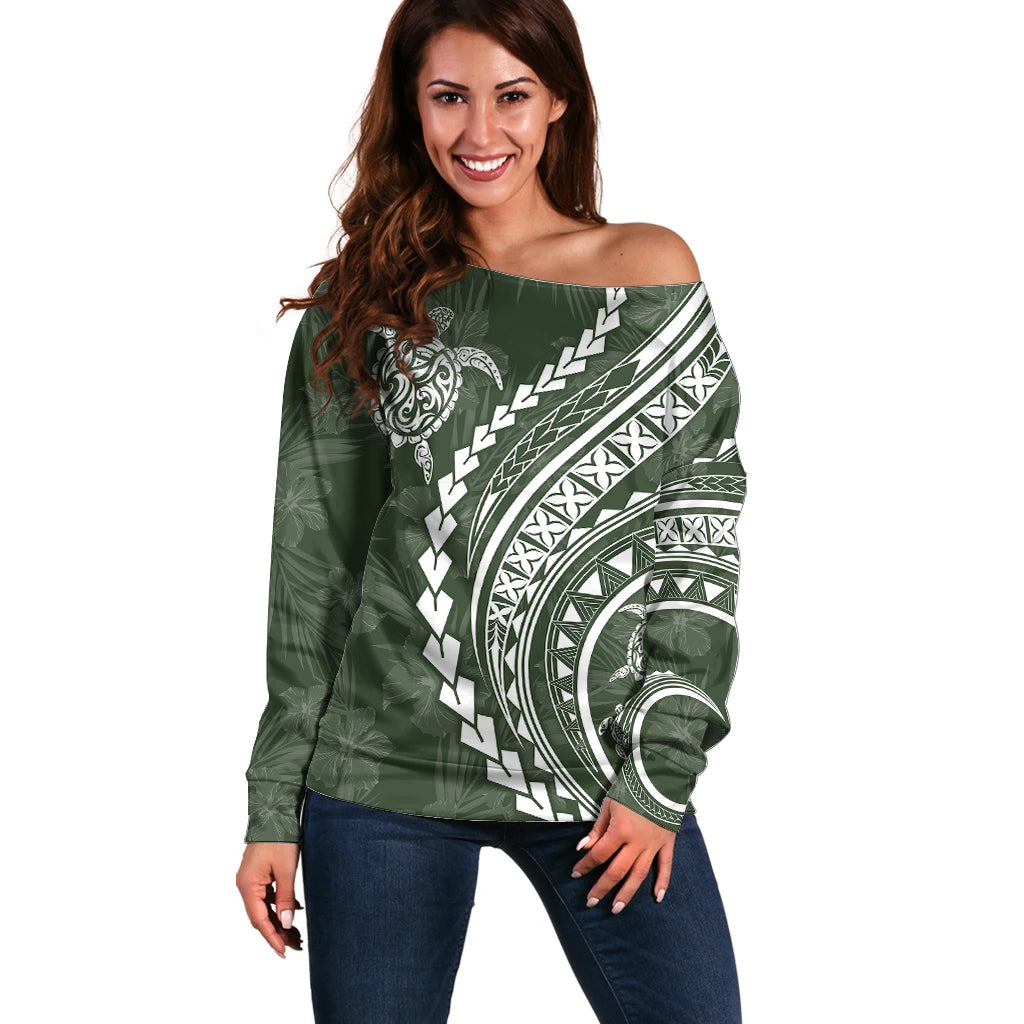 Polynesian Pride Off Shoulder Sweater Turtle Hibiscus Luxury Style - Sage LT7 Women Sage - Polynesian Pride