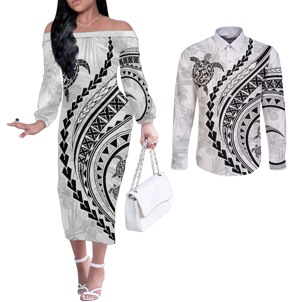 Polynesian Pride Couples Matching Off The Shoulder Long Sleeve Dress and Long Sleeve Button Shirts Turtle Hibiscus Luxury Style - White LT7 White - Polynesian Pride