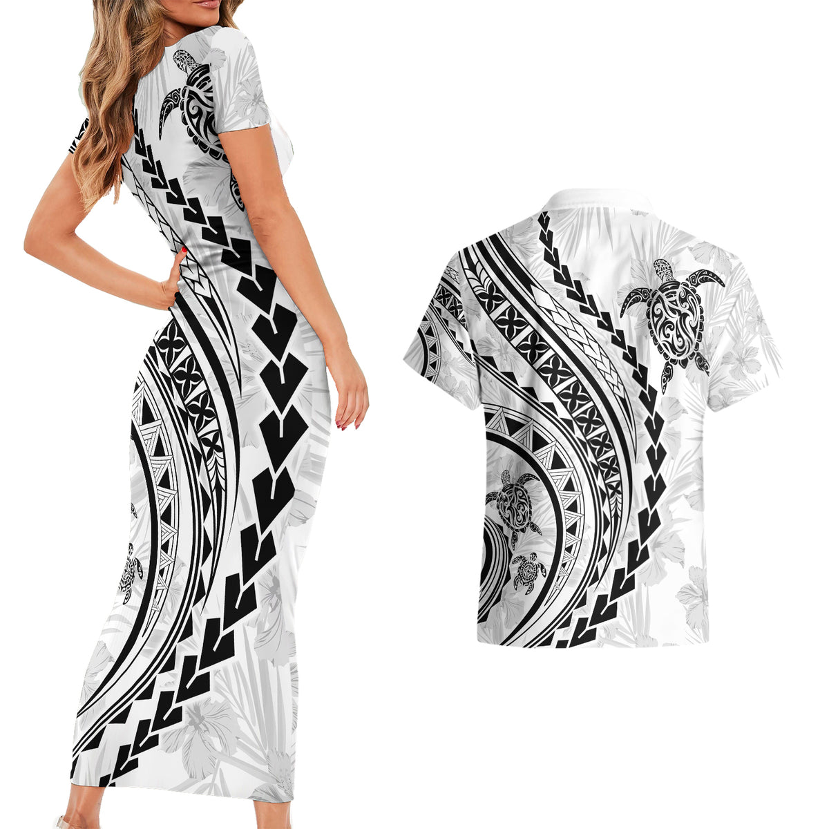 Polynesian Pride Couples Matching Short Sleeve Bodycon Dress and Hawaiian Shirt Turtle Hibiscus Luxury Style - White LT7 - Polynesian Pride