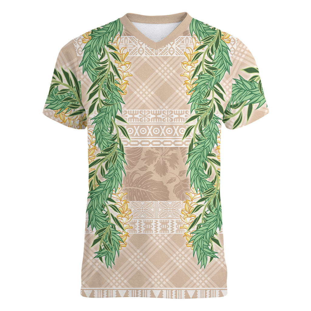 Hawai'i Paniolo Maile Twisted Lei Women V-Neck T-Shirt Almond Brown LT7 Female Brown - Polynesian Pride
