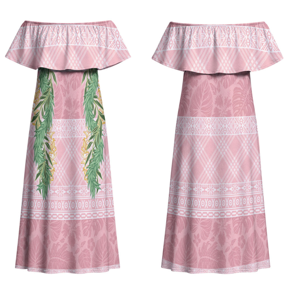 Hawai'i Paniolo Maile Twisted Lei Couples Matching Off Shoulder Maxi Dress and Hawaiian Shirt Dusty Rose LT7 - Polynesian Pride