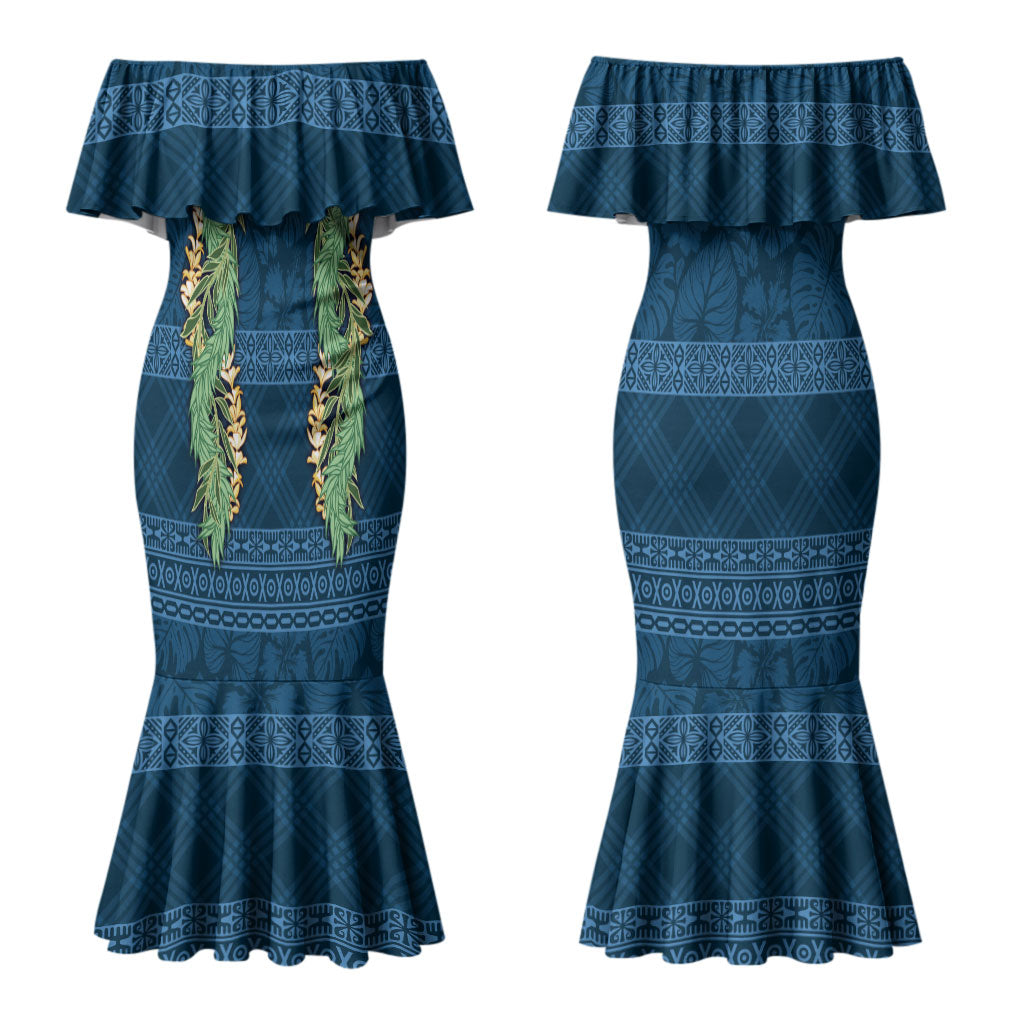 Hawai'i Paniolo Maile Twisted Lei Couples Matching Mermaid Dress and Long Sleeve Button Shirt Cobalt Blue LT7 - Polynesian Pride