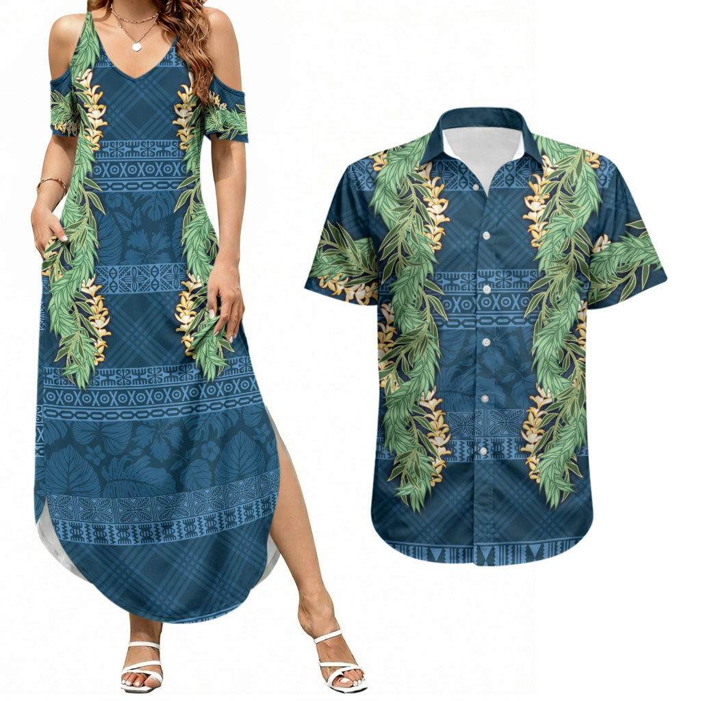 Hawai'i Paniolo Maile Twisted Lei Couples Matching Summer Maxi Dress and Hawaiian Shirt Cobalt Blue LT7 Cobalt Blue - Polynesian Pride
