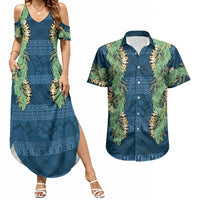 Hawai'i Paniolo Maile Twisted Lei Couples Matching Summer Maxi Dress and Hawaiian Shirt Cobalt Blue LT7 Cobalt Blue - Polynesian Pride