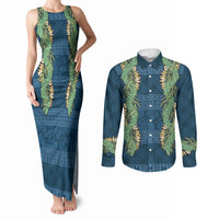 Hawai'i Paniolo Maile Twisted Lei Couples Matching Tank Maxi Dress and Long Sleeve Button Shirt Cobalt Blue LT7 Cobalt Blue - Polynesian Pride