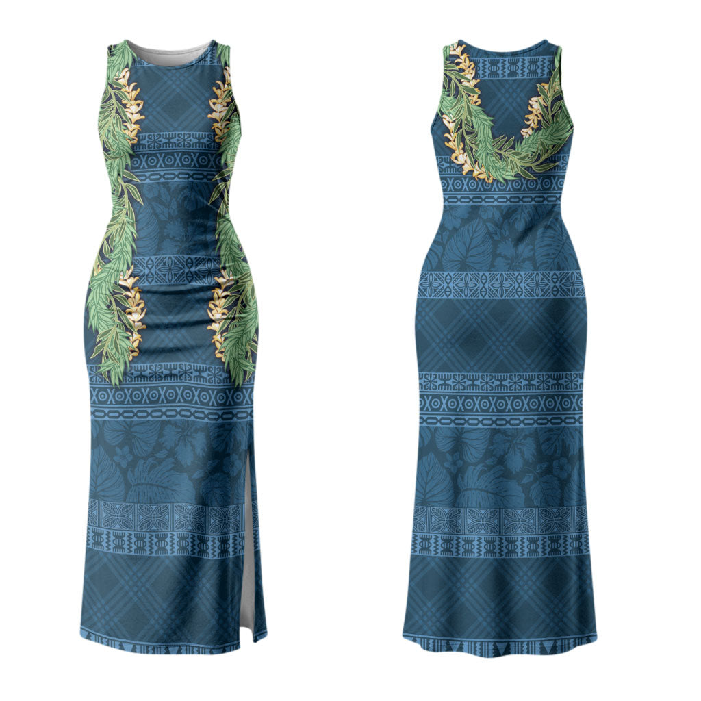 Hawai'i Paniolo Maile Twisted Lei Couples Matching Tank Maxi Dress and Long Sleeve Button Shirt Cobalt Blue LT7 - Polynesian Pride