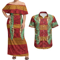 Hawai'i Paniolo Maile Twisted Lei Couples Matching Off Shoulder Maxi Dress and Hawaiian Shirt Hilo Royal Red LT7 Red - Polynesian Pride