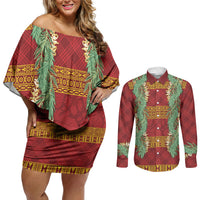 Hawai'i Paniolo Maile Twisted Lei Couples Matching Off Shoulder Short Dress and Long Sleeve Button Shirt Hilo Royal Red LT7 Red - Polynesian Pride