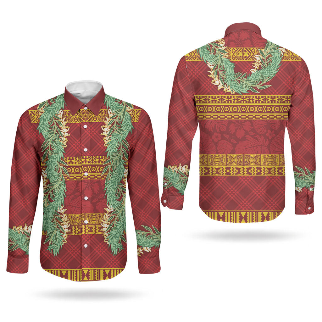 Hawai'i Paniolo Maile Twisted Lei Couples Matching Off Shoulder Short Dress and Long Sleeve Button Shirt Hilo Royal Red LT7 - Polynesian Pride
