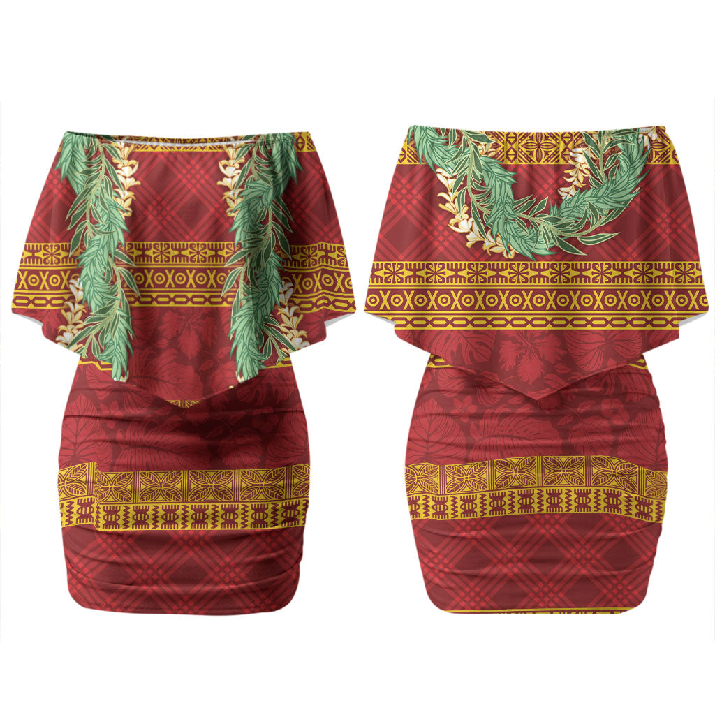 Hawai'i Paniolo Maile Twisted Lei Couples Matching Off Shoulder Short Dress and Long Sleeve Button Shirt Hilo Royal Red LT7 - Polynesian Pride
