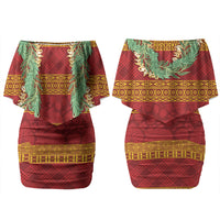 Hawai'i Paniolo Maile Twisted Lei Couples Matching Off Shoulder Short Dress and Long Sleeve Button Shirt Hilo Royal Red LT7 - Polynesian Pride