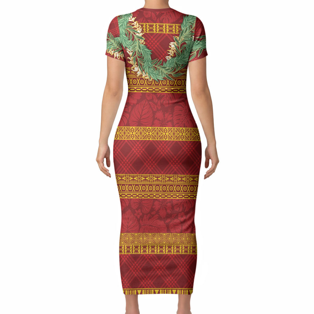 Hawai'i Paniolo Maile Twisted Lei Short Sleeve Bodycon Dress Hilo Royal Red LT7 - Polynesian Pride