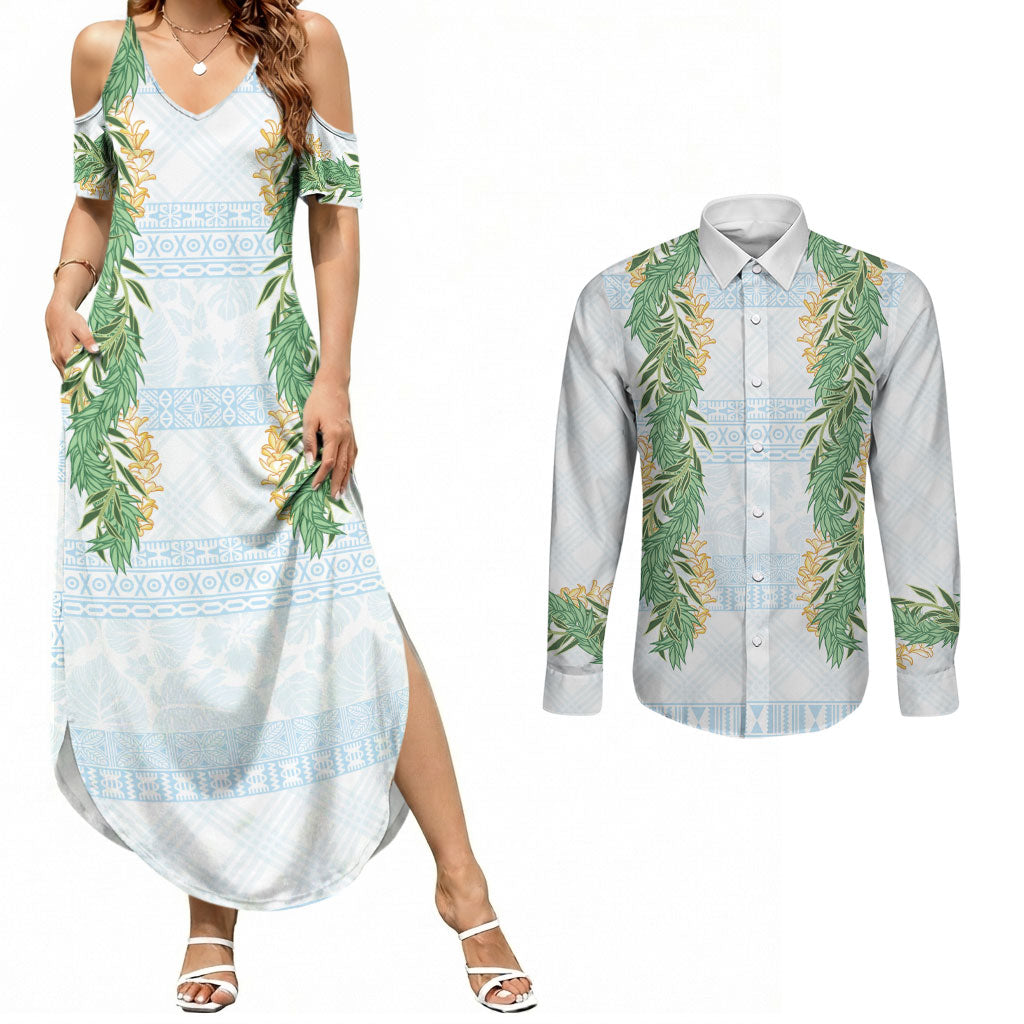 Hawai'i Paniolo Maile Twisted Lei Couples Matching Summer Maxi Dress and Long Sleeve Button Shirt Winter White LT7 White - Polynesian Pride