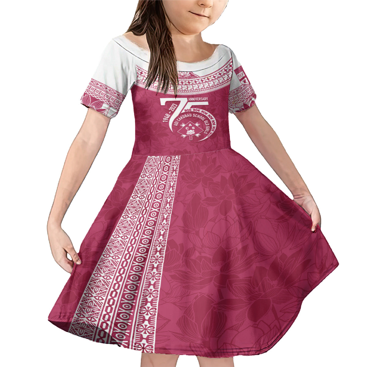 Personalised Fiji Adi Cakobau School Family Matching Mermaid Dress and Hawaiian Shirt ACS Old Girls Lotus Mix Masi LT7 Daughter's Dress Crimson - Polynesian Pride