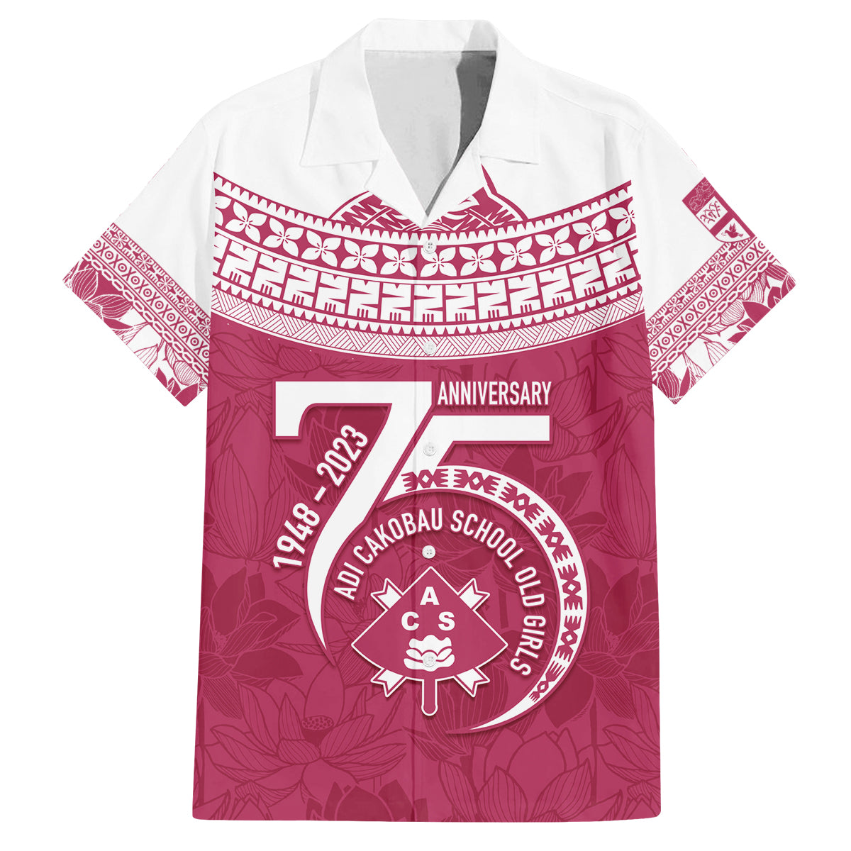 Personalised Fiji Adi Cakobau School Family Matching Off Shoulder Maxi Dress and Hawaiian Shirt ACS Old Girls Lotus Mix Masi LT7 Dad's Shirt - Short Sleeve Crimson - Polynesian Pride