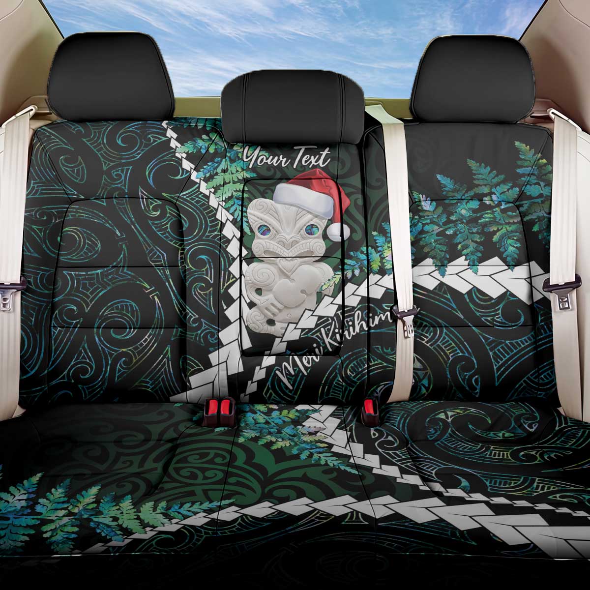 New Zealand Personalised Back Car Seat Cover Meri Kirihimete Kowhaiwhai Mix Paua Shell - Emerald LT7 One Size Green - Polynesian Pride