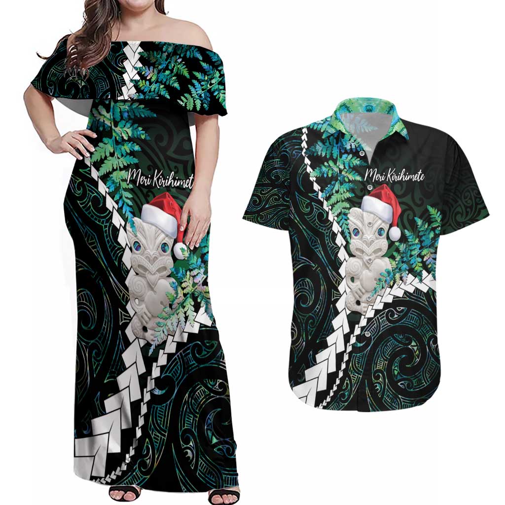 New Zealand Personalised Couples Matching Off Shoulder Maxi Dress and Hawaiian Shirt Meri Kirihimete Kowhaiwhai Mix Paua Shell - Emerald LT7 Green - Polynesian Pride