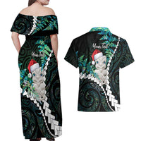 New Zealand Personalised Couples Matching Off Shoulder Maxi Dress and Hawaiian Shirt Meri Kirihimete Kowhaiwhai Mix Paua Shell - Emerald LT7 - Polynesian Pride