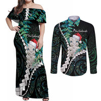 New Zealand Personalised Couples Matching Off Shoulder Maxi Dress and Long Sleeve Button Shirt Meri Kirihimete Kowhaiwhai Mix Paua Shell - Emerald LT7 Green - Polynesian Pride