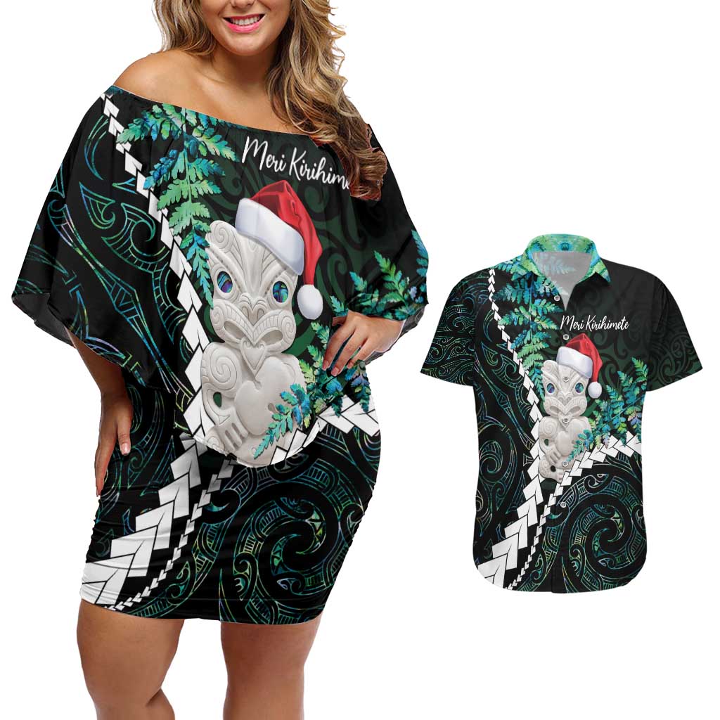 New Zealand Personalised Couples Matching Off Shoulder Short Dress and Hawaiian Shirt Meri Kirihimete Kowhaiwhai Mix Paua Shell - Emerald LT7 Green - Polynesian Pride