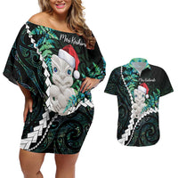New Zealand Personalised Couples Matching Off Shoulder Short Dress and Hawaiian Shirt Meri Kirihimete Kowhaiwhai Mix Paua Shell - Emerald LT7 Green - Polynesian Pride
