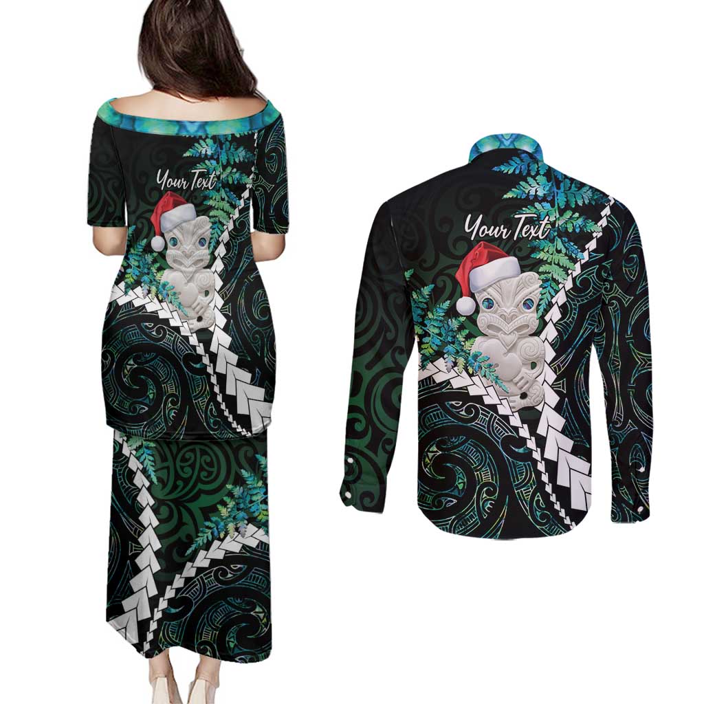 New Zealand Personalised Couples Matching Puletasi and Long Sleeve Button Shirt Meri Kirihimete Kowhaiwhai Mix Paua Shell - Emerald LT7 - Polynesian Pride