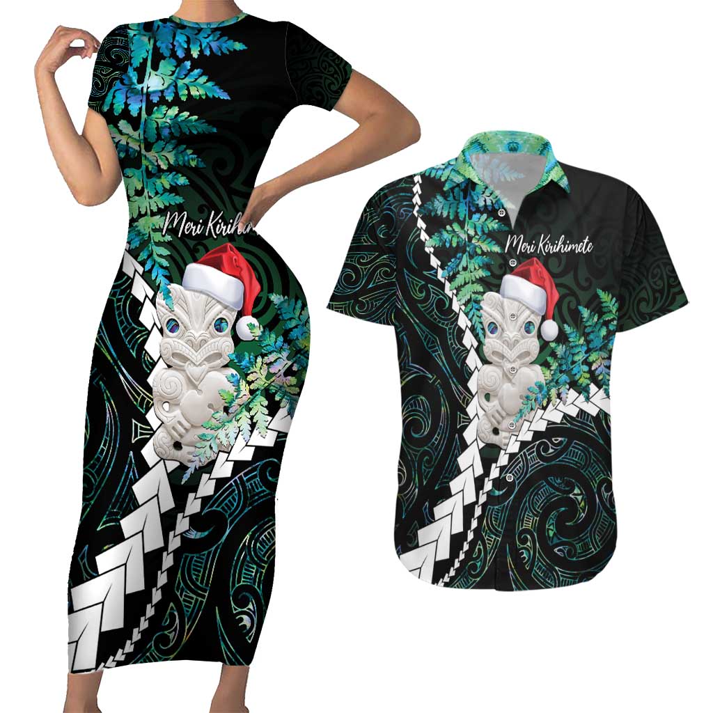 New Zealand Personalised Couples Matching Short Sleeve Bodycon Dress and Hawaiian Shirt Meri Kirihimete Kowhaiwhai Mix Paua Shell - Emerald LT7 Green - Polynesian Pride