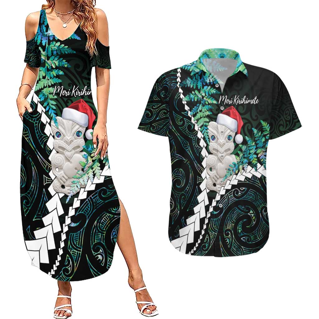 New Zealand Personalised Couples Matching Summer Maxi Dress and Hawaiian Shirt Meri Kirihimete Kowhaiwhai Mix Paua Shell - Emerald LT7 Green - Polynesian Pride