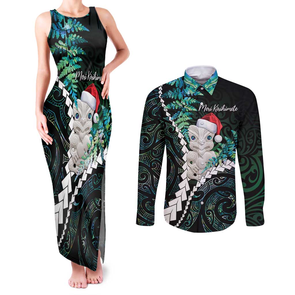 New Zealand Personalised Couples Matching Tank Maxi Dress and Long Sleeve Button Shirt Meri Kirihimete Kowhaiwhai Mix Paua Shell - Emerald LT7 Green - Polynesian Pride