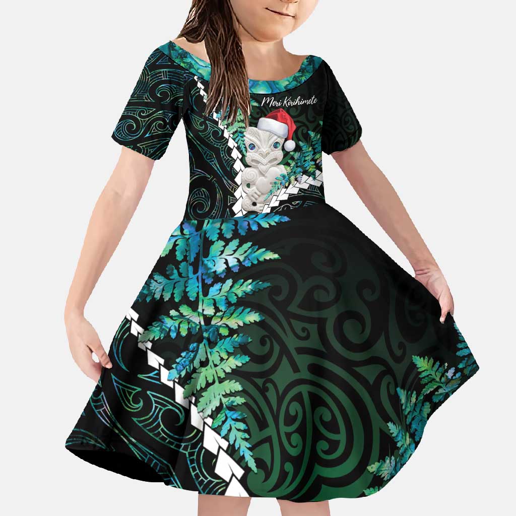 New Zealand Personalised Family Matching Long Sleeve Bodycon Dress and Hawaiian Shirt Meri Kirihimete Kowhaiwhai Mix Paua Shell - Emerald LT7 Daughter's Dress Green - Polynesian Pride