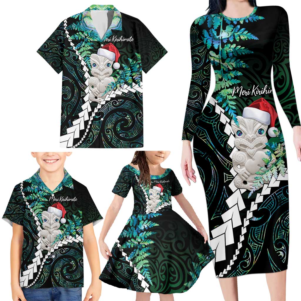New Zealand Personalised Family Matching Long Sleeve Bodycon Dress and Hawaiian Shirt Meri Kirihimete Kowhaiwhai Mix Paua Shell - Emerald LT7 - Polynesian Pride
