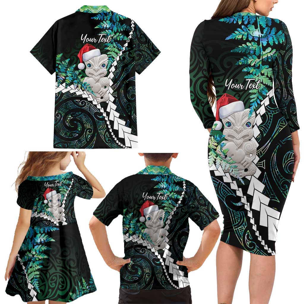 New Zealand Personalised Family Matching Long Sleeve Bodycon Dress and Hawaiian Shirt Meri Kirihimete Kowhaiwhai Mix Paua Shell - Emerald LT7 - Polynesian Pride