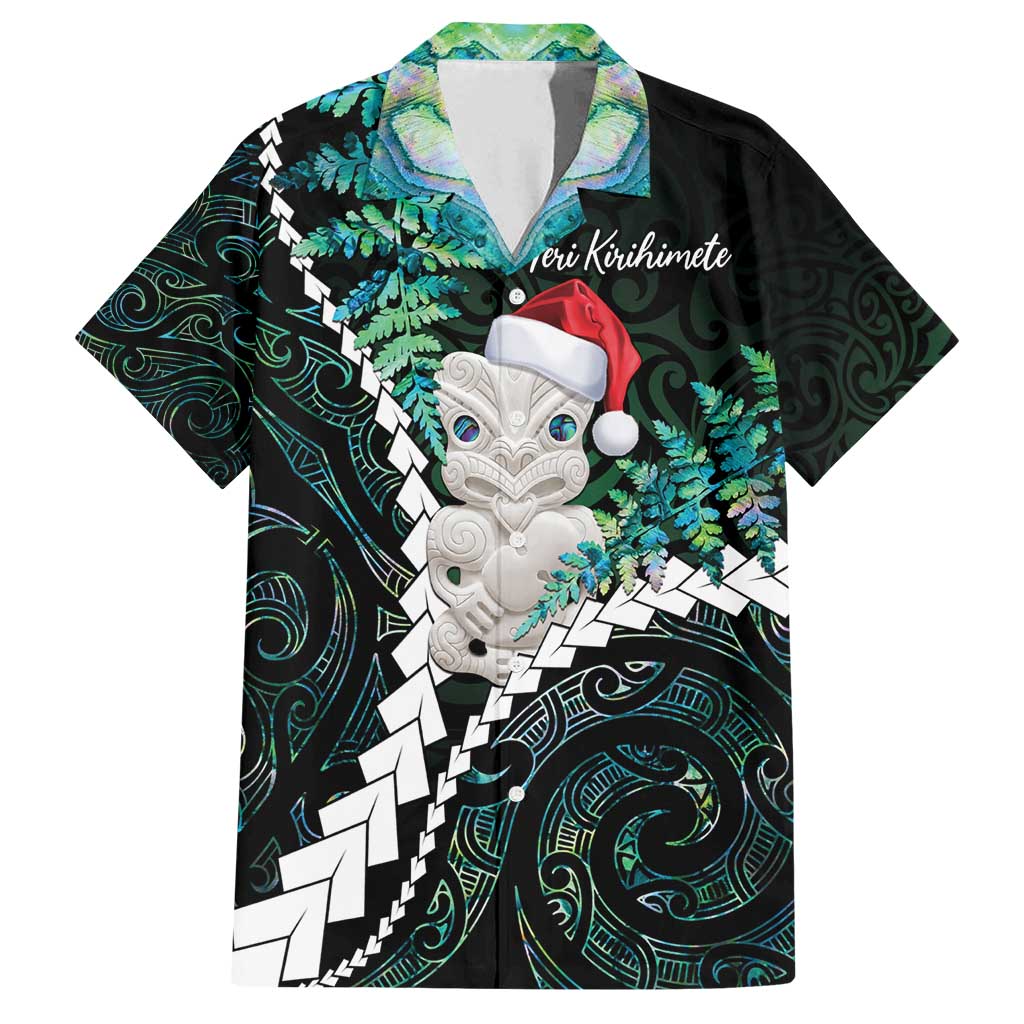 New Zealand Personalised Family Matching Long Sleeve Bodycon Dress and Hawaiian Shirt Meri Kirihimete Kowhaiwhai Mix Paua Shell - Emerald LT7 Dad's Shirt - Short Sleeve Green - Polynesian Pride