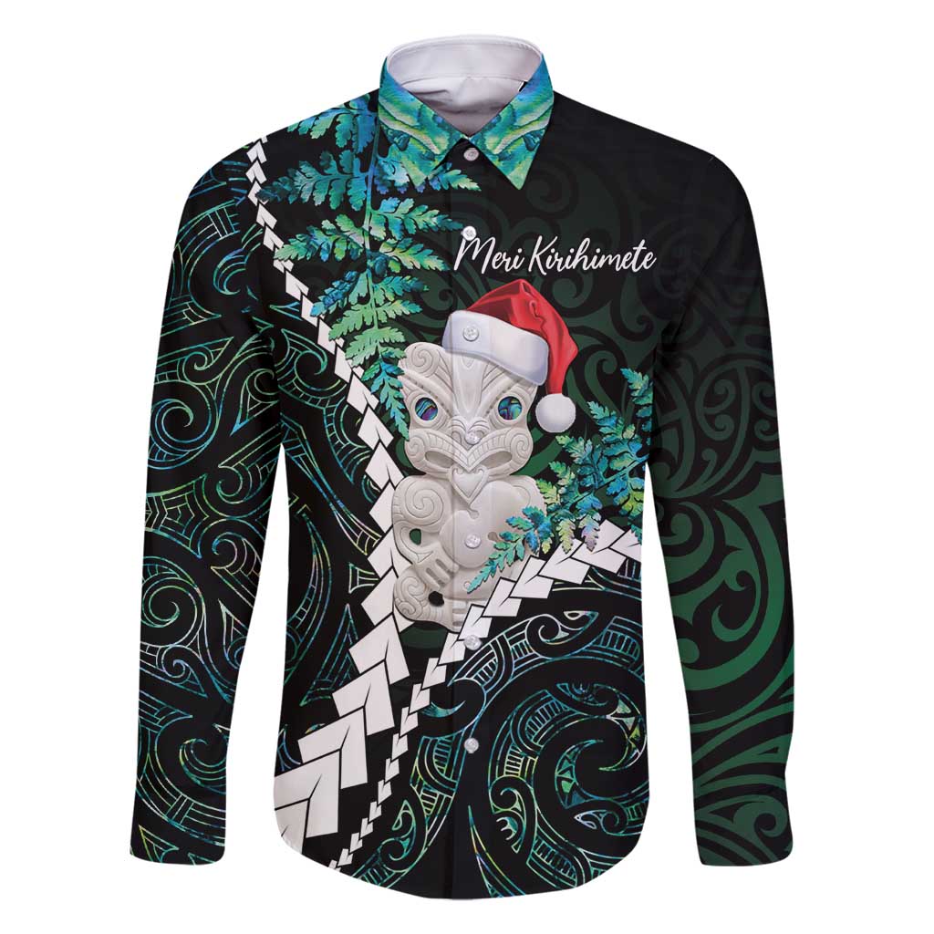 New Zealand Personalised Family Matching Long Sleeve Bodycon Dress and Hawaiian Shirt Meri Kirihimete Kowhaiwhai Mix Paua Shell - Emerald LT7 Dad's Shirt - Long Sleeve Green - Polynesian Pride