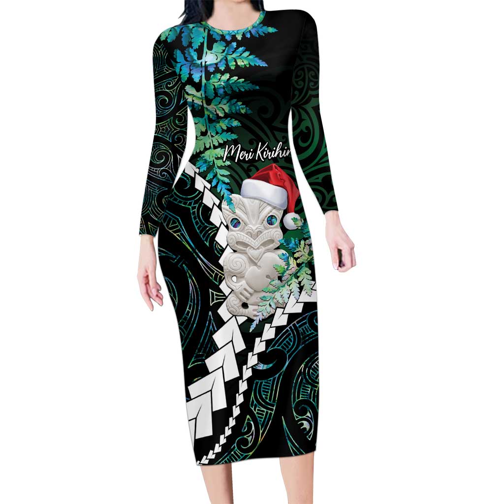 New Zealand Personalised Family Matching Long Sleeve Bodycon Dress and Hawaiian Shirt Meri Kirihimete Kowhaiwhai Mix Paua Shell - Emerald LT7 Mom's Dress Green - Polynesian Pride