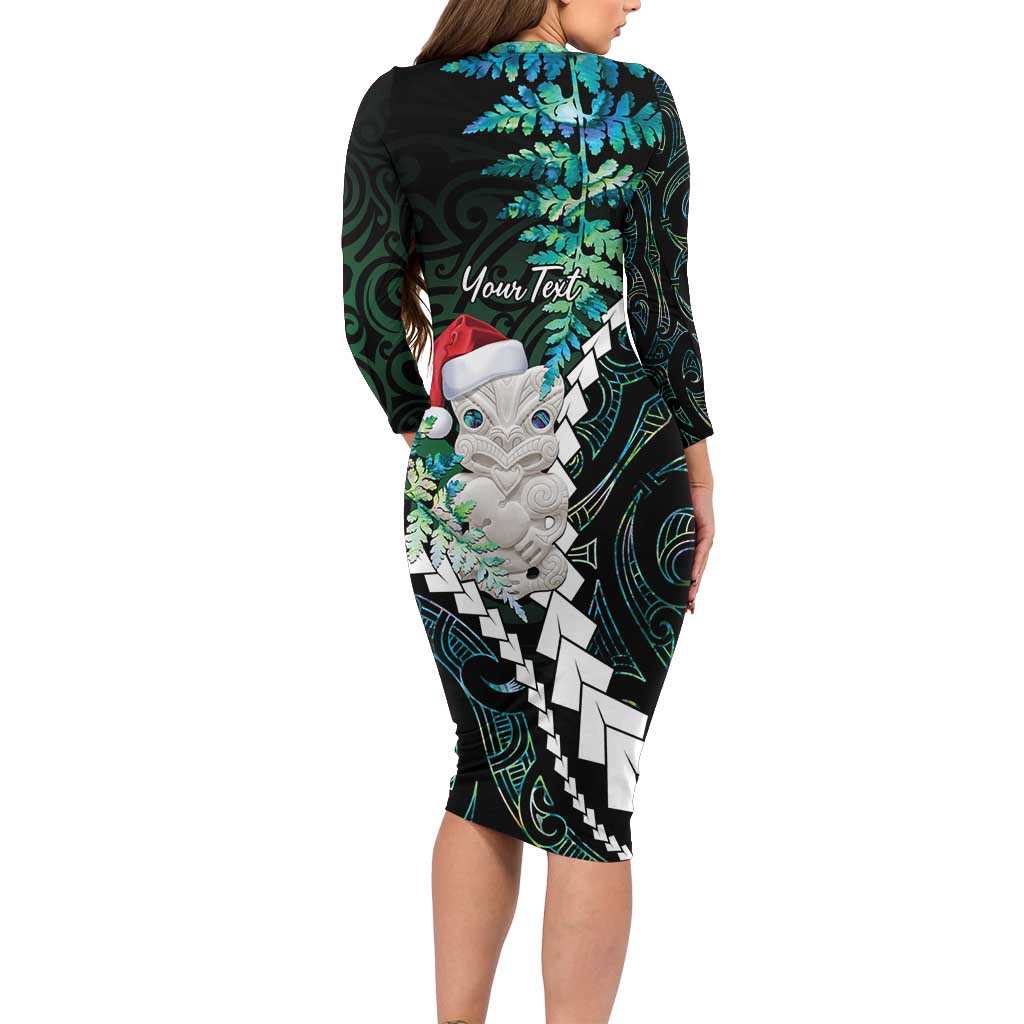 New Zealand Personalised Family Matching Long Sleeve Bodycon Dress and Hawaiian Shirt Meri Kirihimete Kowhaiwhai Mix Paua Shell - Emerald LT7 - Polynesian Pride
