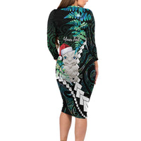 New Zealand Personalised Family Matching Long Sleeve Bodycon Dress and Hawaiian Shirt Meri Kirihimete Kowhaiwhai Mix Paua Shell - Emerald LT7 - Polynesian Pride