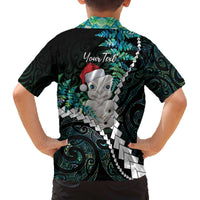 New Zealand Personalised Family Matching Off The Shoulder Long Sleeve Dress and Hawaiian Shirt Meri Kirihimete Kowhaiwhai Mix Paua Shell - Emerald LT7 - Polynesian Pride