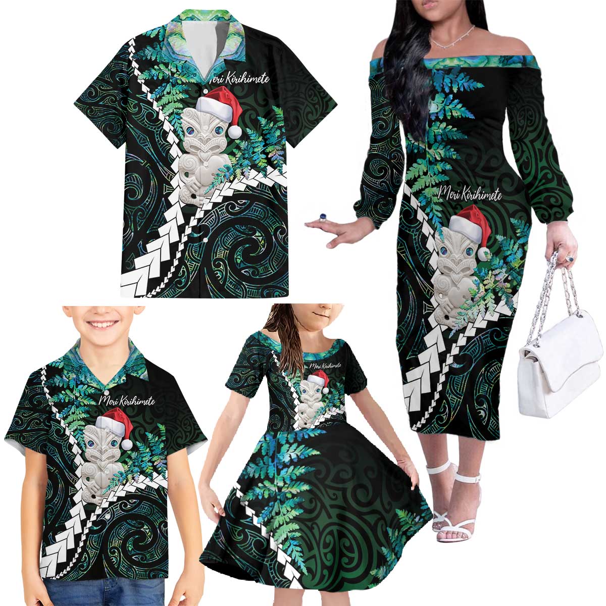 New Zealand Personalised Family Matching Off The Shoulder Long Sleeve Dress and Hawaiian Shirt Meri Kirihimete Kowhaiwhai Mix Paua Shell - Emerald LT7 - Polynesian Pride