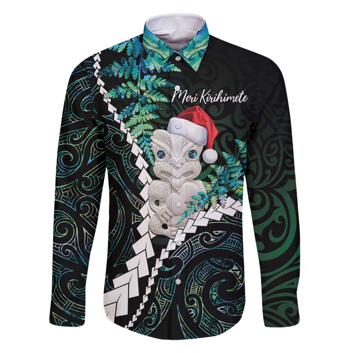 New Zealand Personalised Family Matching Off The Shoulder Long Sleeve Dress and Hawaiian Shirt Meri Kirihimete Kowhaiwhai Mix Paua Shell - Emerald LT7 Dad's Shirt - Long Sleeve Green - Polynesian Pride