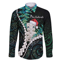 New Zealand Personalised Family Matching Off The Shoulder Long Sleeve Dress and Hawaiian Shirt Meri Kirihimete Kowhaiwhai Mix Paua Shell - Emerald LT7 Dad's Shirt - Long Sleeve Green - Polynesian Pride