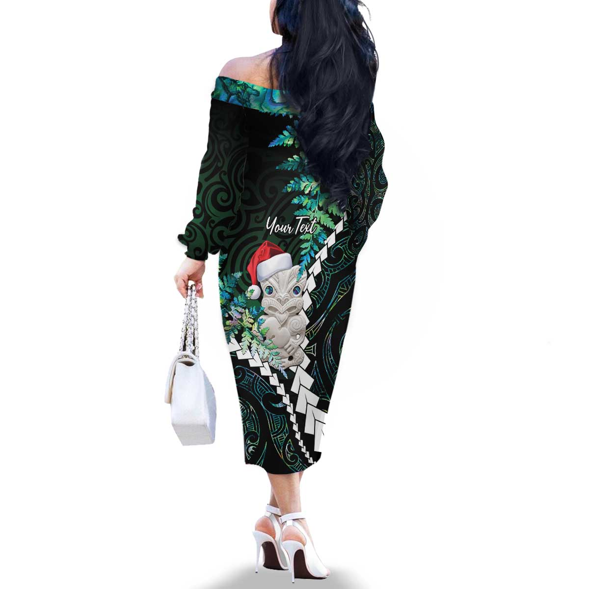 New Zealand Personalised Family Matching Off The Shoulder Long Sleeve Dress and Hawaiian Shirt Meri Kirihimete Kowhaiwhai Mix Paua Shell - Emerald LT7 - Polynesian Pride