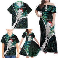 New Zealand Personalised Family Matching Off Shoulder Maxi Dress and Hawaiian Shirt Meri Kirihimete Kowhaiwhai Mix Paua Shell - Emerald LT7 - Polynesian Pride